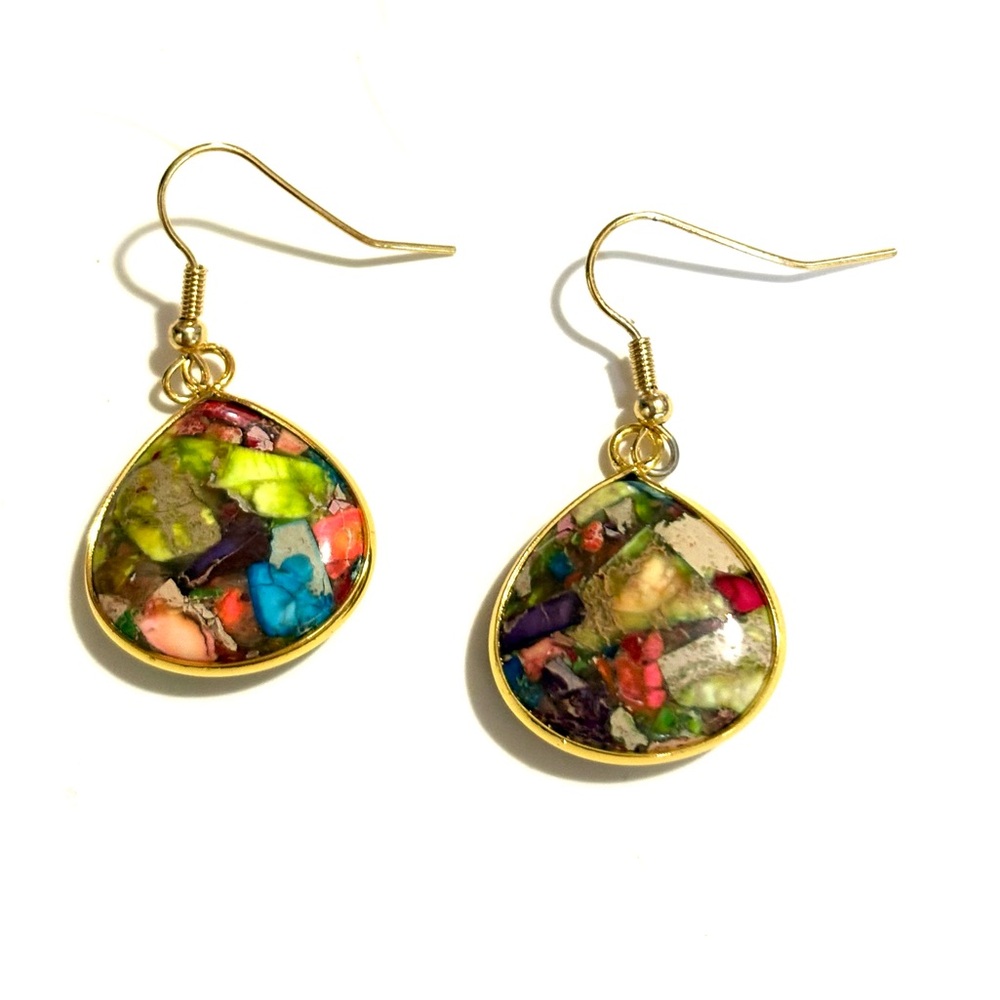 CLYTIA LOVE HANDMADE NATURAL JASPER STONE DROP DANGLE HOOK 1.3" EARRINGS - Picture 1 of 9